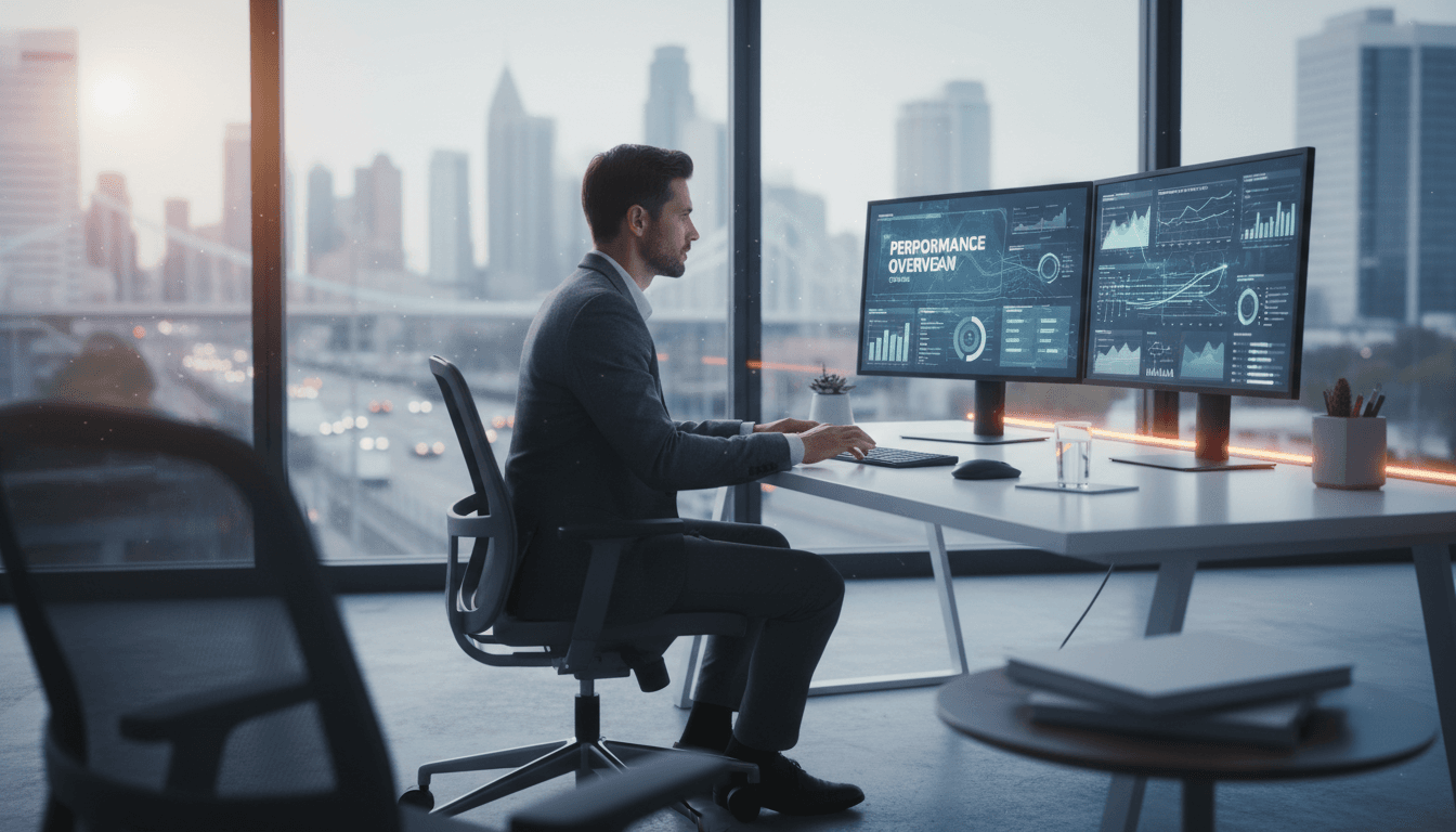 Performance marketing professional analyzing campaign data and growth metrics on computer screens