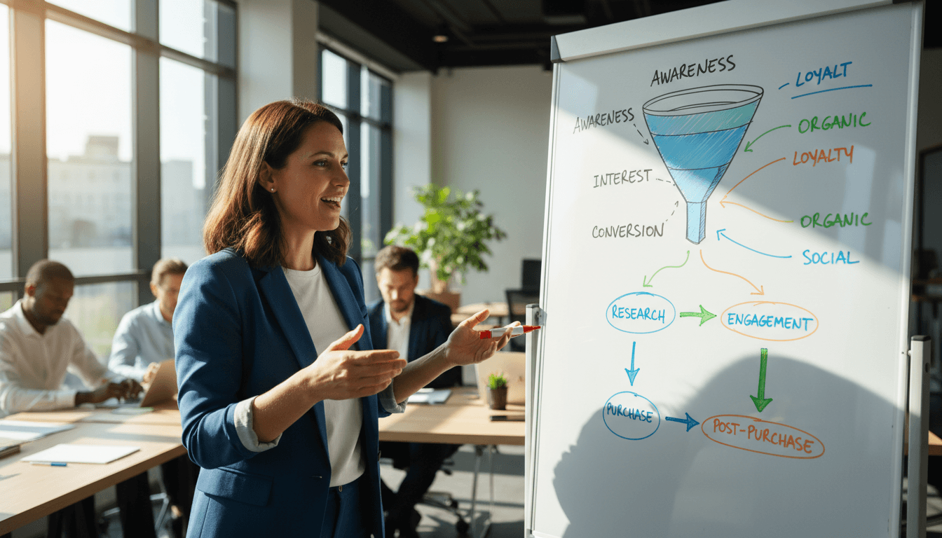 Marketing strategist analyzing customer conversion paths and funnel optimization on whiteboard