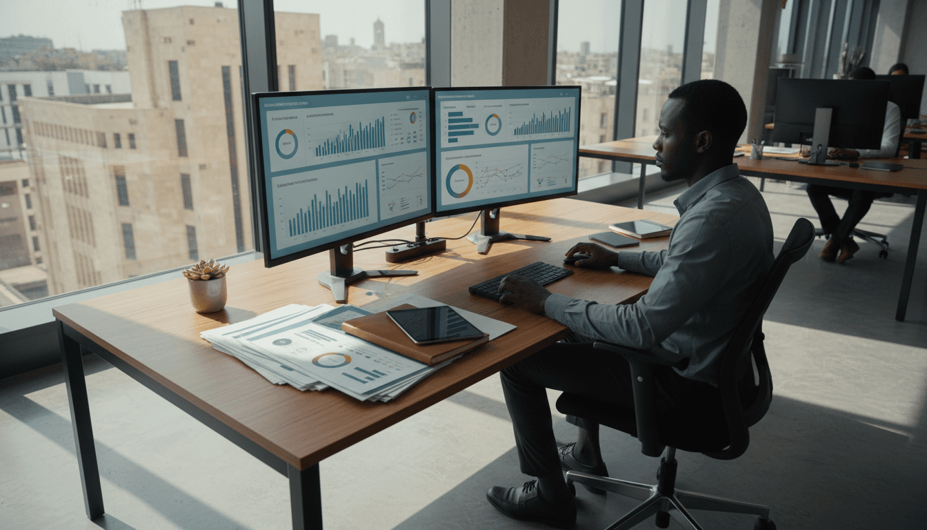 Marketing strategist analyzing performance data on multiple monitors in a professional office environment
