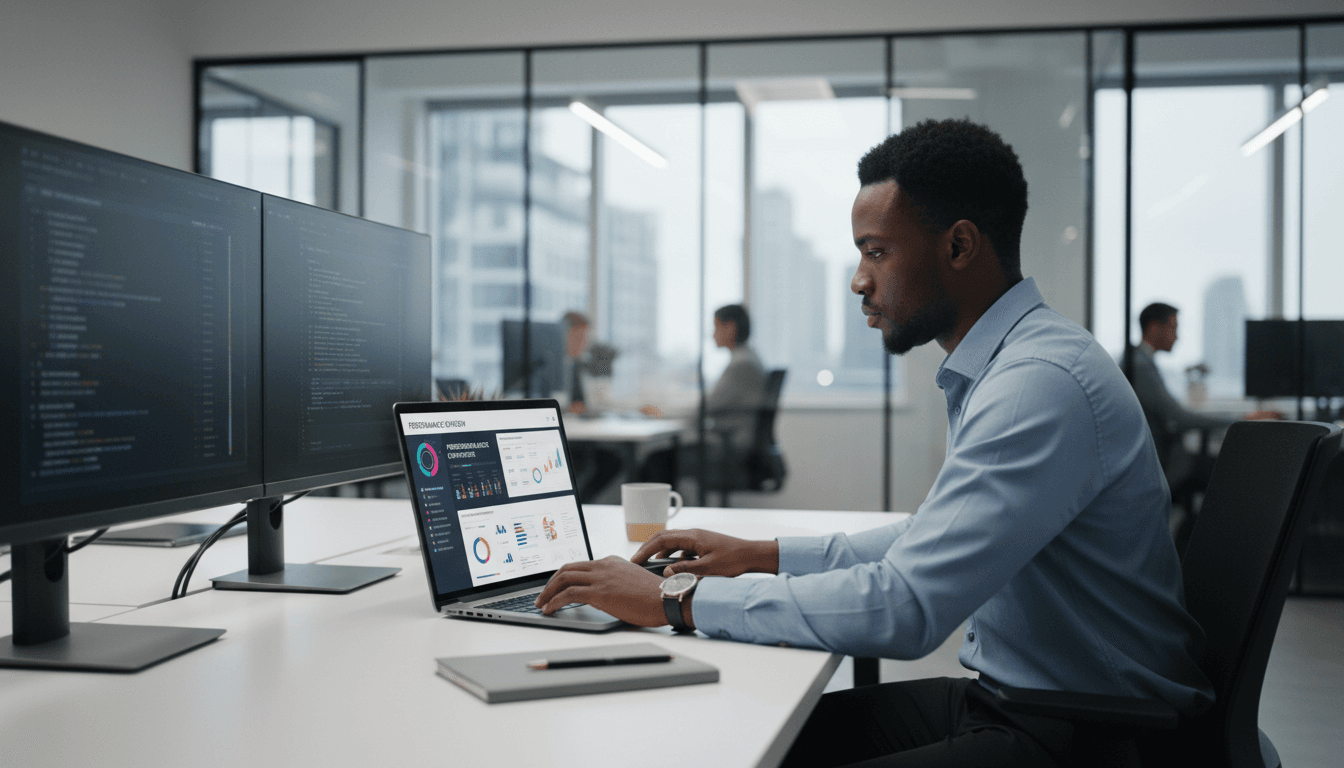 Performance marketer analyzing campaign data on multiple screens