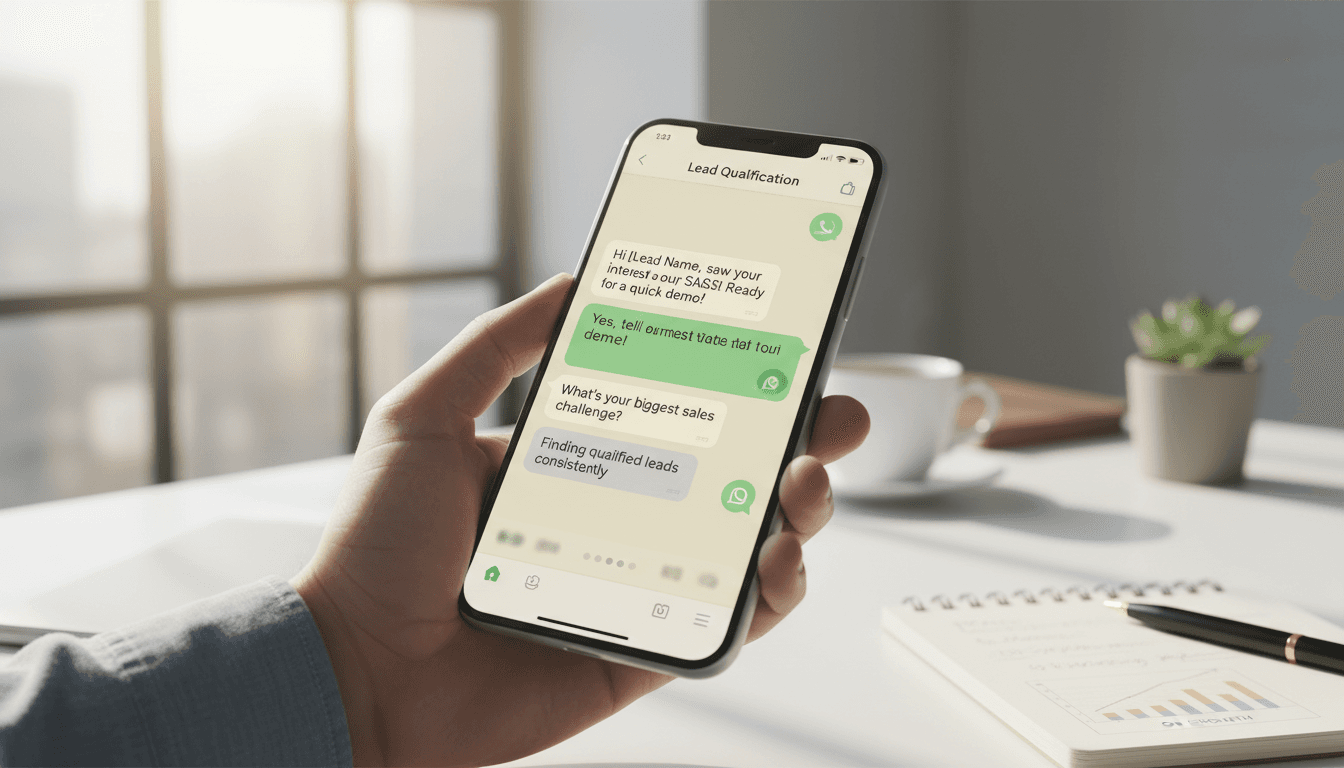 Mobile phone screen showing WhatsApp lead generation conversation interface