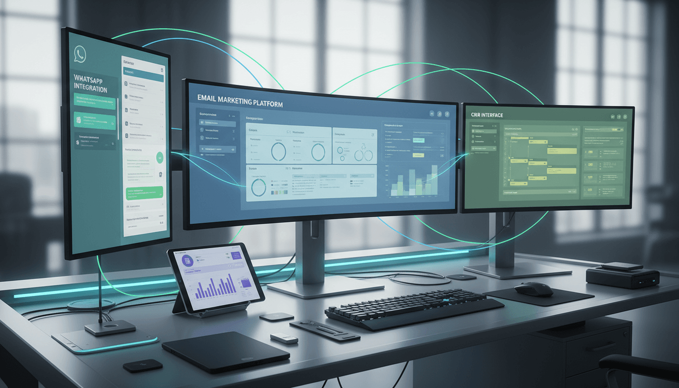 Multi-platform integration setup with email, CRM, WhatsApp, and analytics