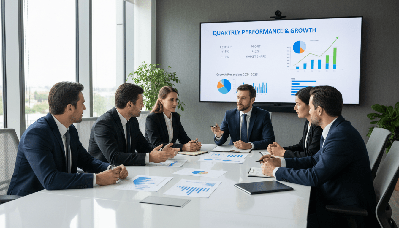 Quarterly strategy review meeting with performance analysis and growth planning
