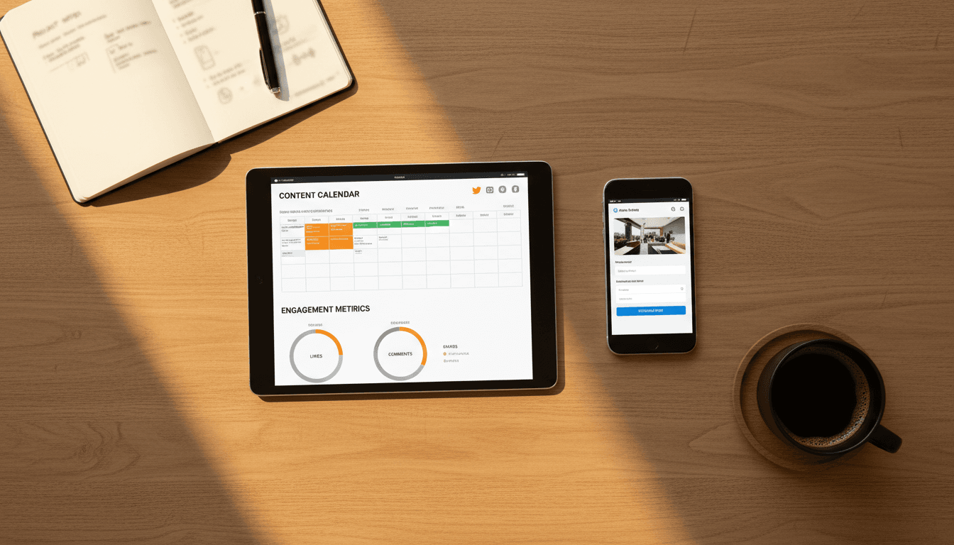 Tablet and smartphone showing social media management dashboard with content calendar and engagement metrics