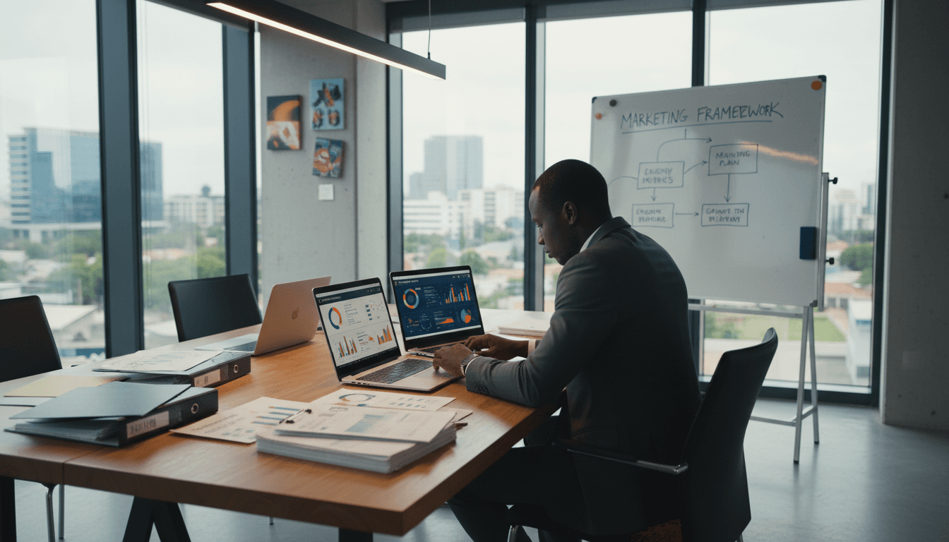Professional workspace in DR Congo with analytics dashboards and marketing strategy materials, showing data-driven marketing work
