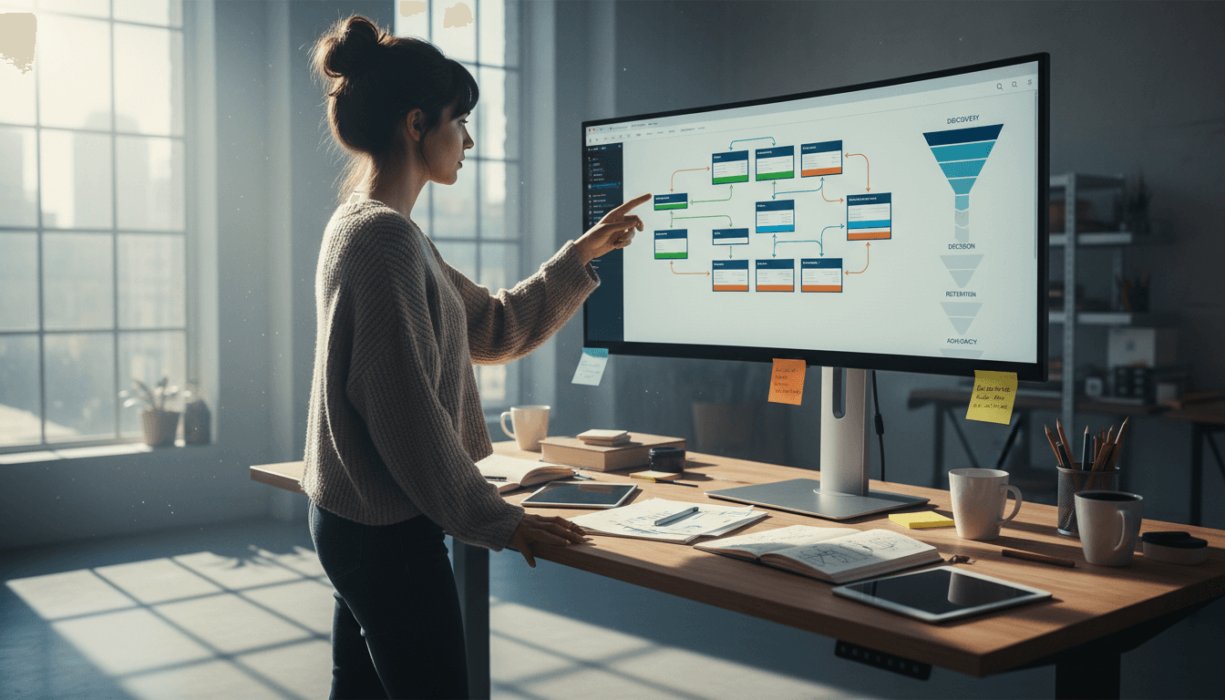 Conversion funnel mapping on designer's monitor with user flow diagram