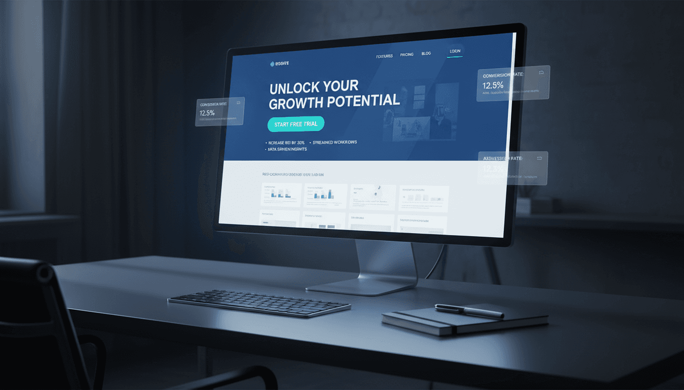 Desktop monitor showing a conversion-focused website design with clear call-to-action elements