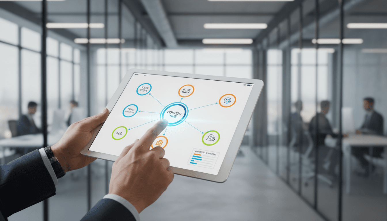 Multi-channel marketing integration workflow displayed on tablet